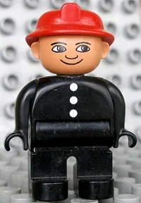 LEGO Duplo Figure, Male Fireman, Black Legs, Black Top with 3 White Buttons, Red Fire Helmet minifigure