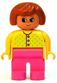 LEGO Duplo Figure, Female, Dark Pink Legs, Yellow Sweater with 3 Buttons and V Stitching, Dark Orange Hair minifigure