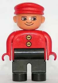 LEGO Duplo Figure, Male, Black Legs, Red Top with 2 Yellow Buttons, Red Cap minifigure