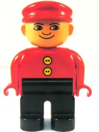 LEGO Duplo Figure, Male, Black Legs, Red Top with 2 Yellow Buttons, Red Cap, no White in Eyes Pattern minifigure