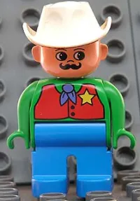 LEGO Duplo Figure, Male, Blue Legs, Green Top with Red Vest with Sheriff Star, Moustache, White Cowboy Hat minifigure