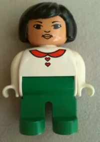 LEGO Duplo Figure, Female, Green Legs, White Blouse with Red Heart Buttons & Collar, Black Hair, Asian Eyes, Lips minifigure