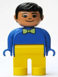 LEGO Duplo Figure, Male, Yellow Legs, Blue Top with Light Green Bow Tie, Black Hair, Asian Eyes minifigure