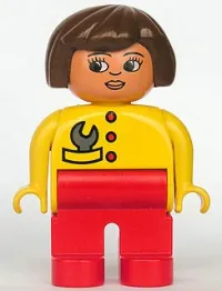 LEGO Duplo Figure, Female, Red Legs, Yellow Top with Red Buttons & Wrench in Pocket, Brown Hair, Turned Down Nose minifigure