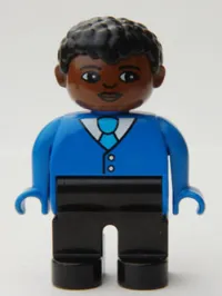 LEGO Duplo Figure, Male, Black Legs, Blue Top with Buttons and Tie, Black Curly Hair, Brown Head minifigure