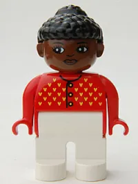 LEGO Duplo Figure, Female, White Legs, Red Sweater with Yellow V Stitching and Buttons, Black Curly Hair in Bun, Brown Head minifigure