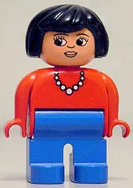 LEGO Duplo Figure, Female, Blue Legs, Red Top with Necklace, Black Hair minifigure