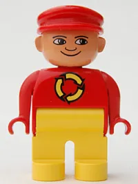 LEGO Duplo Figure, Male, Yellow Legs, Red Top with Recycle Logo, Red Cap, turned down Nose minifigure