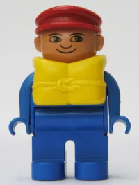 LEGO Duplo Figure, Male, Blue Legs, Blue Top, Life Jacket, Red Cap, no White in Eyes pattern minifigure