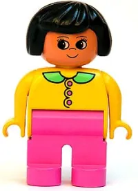 LEGO Duplo Figure, Female, Dark Pink Legs, Yellow Top with Dark Pink Buttons & Medium Green Collar, Black Hair minifigure