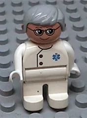 LEGO Duplo Figure, Male Medic, White Legs, White Top with EMT Star of Life Pattern, Gray Hair, Glasses minifigure