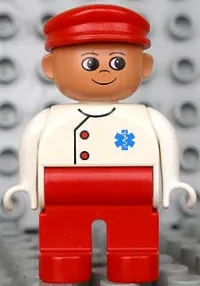 LEGO Duplo Figure, Male Medic, Red Legs, White Top with EMT Star of Life Pattern, Red Cap minifigure
