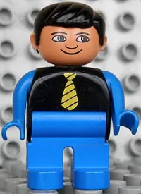 LEGO Duplo Figure, Male, Blue Legs, Black Top with Yellow Tie, Blue Arms, Black Hair, White in Eyes Pattern minifigure