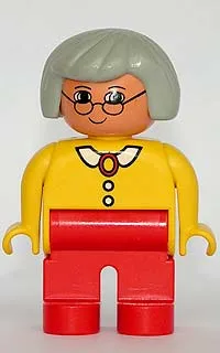 LEGO Duplo Figure, Female, Red Legs, Yellow Blouse with White Collar and 2 Buttons, Gray Hair, Glasses minifigure