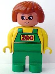LEGO Duplo Figure, Female Zoo, Green Legs, Yellow Top with Green Overalls, Dark Orange Hair (Zoo Keeper) minifigure