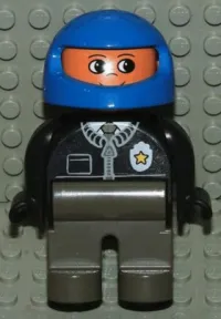 LEGO Duplo Figure, Male Police, Dark Gray Legs, Black Top with Zipper, Tie and Badge, Blue Racing Helmet minifigure