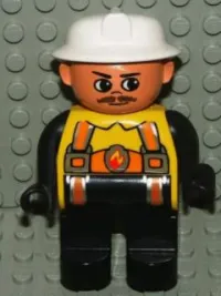 LEGO Duplo Figure, Male Fireman, Black Legs, Yellow Top with Flame and Orange Suspenders, White Fire Helmet, Moustache minifigure