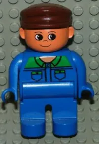 LEGO Duplo Figure, Male, Blue Legs, Blue Top with Green Collar and Pocket Tabs, Brown Cap minifigure