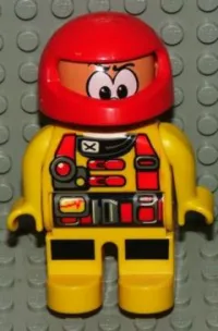 LEGO Duplo Figure, Male Action Wheeler, Yellow Legs, Yellow Top with Racer Pattern, Red Racing Helmet minifigure