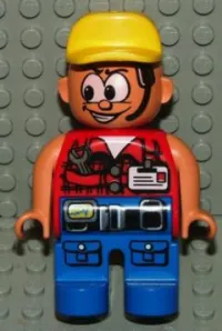 LEGO Duplo Figure, Male Action Wheeler, Blue Legs with Belt & Pockets, Red Vest with Wrench & ID, Yellow Cap minifigure
