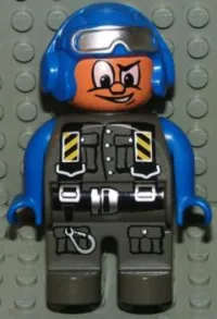 LEGO Duplo Figure, Male Action Wheeler, Dark Gray Legs, Dark Gray Jumpsuit, Blue Arms, Blue Aviator Helmet with Goggles minifigure