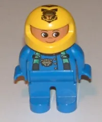 LEGO Duplo Figure, Male, Blue Legs, Blue Top with Green Suspenders and Tiger Logo, Yellow Helmet with Tiger minifigure