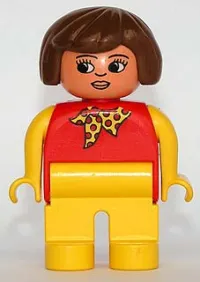 LEGO Duplo Figure, Female, Yellow Legs, Red Top With Yellow Polka Dot Scarf, Yellow Arms, Brown Hair, with Nose, with White in Eyes Pattern minifigure