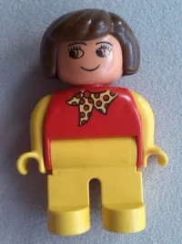 LEGO Duplo Figure, Female, Yellow Legs, Red Top With Yellow Polka Dot Scarf, Yellow Arms, Brown Hair, no Nose, no White in Eyes Pattern minifigure