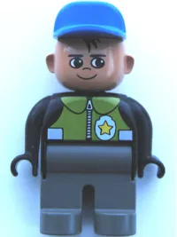 LEGO Duplo Figure, Male Police, Dark Gray Legs, Black Top with Pale Green Vest and Police Badge, Blue Cap minifigure