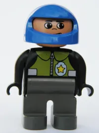 LEGO Duplo Figure, Male Police, Dark Gray Legs, Black Top with Pale Green Vest and Police Badge, Blue Helmet minifigure