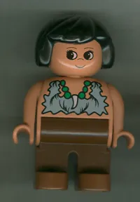 LEGO Duplo Figure, Female, Brown Legs, Tooth Necklace Pattern, Black Hair (Cavewoman) minifigure