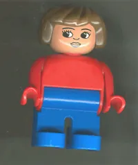 LEGO Duplo Figure, Female, Blue Legs, Red Top, Brown Hair, Eyelashes, Smile with Lips minifigure