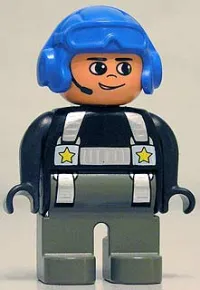 LEGO Duplo Figure, Male Police, Dark Gray Legs, Black Top with Silver Harness and Yellow Stars, Headset, Blue Aviator Helmet minifigure