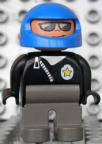 LEGO Duplo Figure, Male Police, Dark Gray Legs, Black Top Zippered Jacket and Police Badge, Blue Helmet minifigure