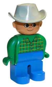 LEGO Duplo Figure, Male, Blue Legs, Green Top with Pocket, Light Gray Cowboy Hat minifigure