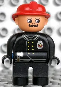 LEGO Duplo Figure, Male Fireman, Black Legs, Black Top with Flame Logo, Red Fire Helmet, Moustache minifigure