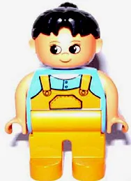 LEGO Duplo Figure, Female, Medium Orange Legs, Medium Blue Top with Overalls, Black Hair minifigure