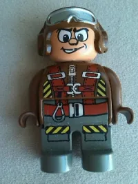LEGO Duplo Figure, Male Action Wheeler, Dark Gray Legs, Brown Top with Parachute Straps, Brown Helmet with Goggles minifigure