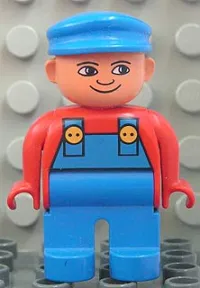 LEGO Duplo Figure, Male, Blue Legs, Red Top with Blue Overalls, Blue Cap, Turned Down Nose minifigure