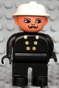 LEGO Duplo Figure, Male Fireman, Black Legs, Black Top with 6 Gold Buttons, White Fire Helmet, Moustache minifigure