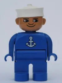 LEGO Duplo Figure, Male, Blue Legs, Blue Top with White Anchor, White Sailor Hat minifigure