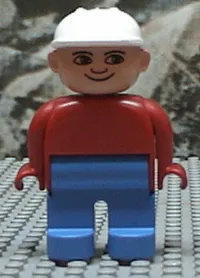 LEGO Duplo Figure, Male, Blue Legs, Red Top, White Construction Hat minifigure