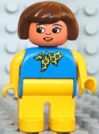 LEGO Duplo Figure, Female, Yellow Legs, Blue Top with Yellow and Blue Polka Dot Scarf, Yellow Arms, Fabuland Brown Hair minifigure