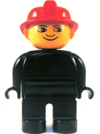 LEGO Duplo Figure, Male Fireman, Black Legs, Black Top (no buttons), Red Fire Helmet, no White in Eyes Pattern minifigure