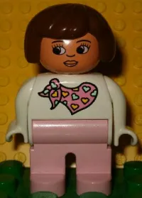LEGO Duplo Figure, Female, Pink Legs, White Top with Pink Scarf with Hearts Pattern, Brown Hair minifigure