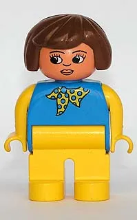 LEGO Duplo Figure, Female, Yellow Legs, Blue Top With Yellow and Blue Polka Dot Scarf, Yellow Arms, Brown Hair minifigure