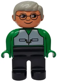 LEGO Duplo Figure, Male, Black Legs, Green Top with Vest, Gray Hair, Glasses minifigure