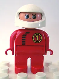 LEGO Duplo Figure, Male, Red Legs, Red Top with Black Zipper and Racer #1, White Helmet minifigure