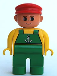 LEGO Duplo Figure, Male, Green Legs, Yellow Top with Green Overalls and Anchor, Red Cap minifigure