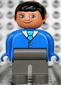 LEGO Duplo Figure, Male, Dark Gray Legs, Blue Top With 2 Buttons And Tie, Black Hair minifigure